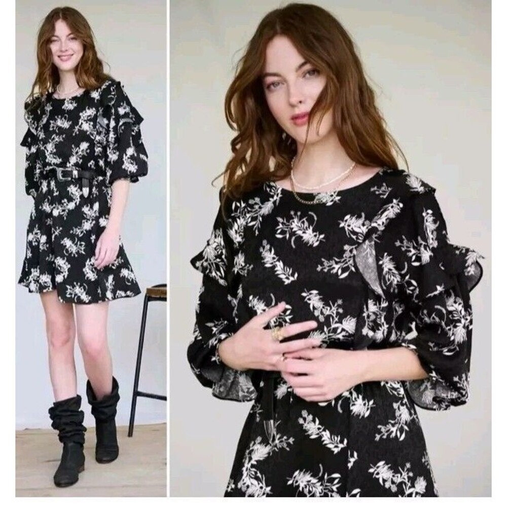Matilda Jane NWT Waverly Dress size XL Black Floral mini ruffle long sleeve NEW